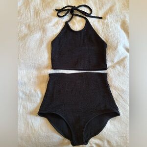 Bottega Veneta Black Seersucker Halterneck Bikini